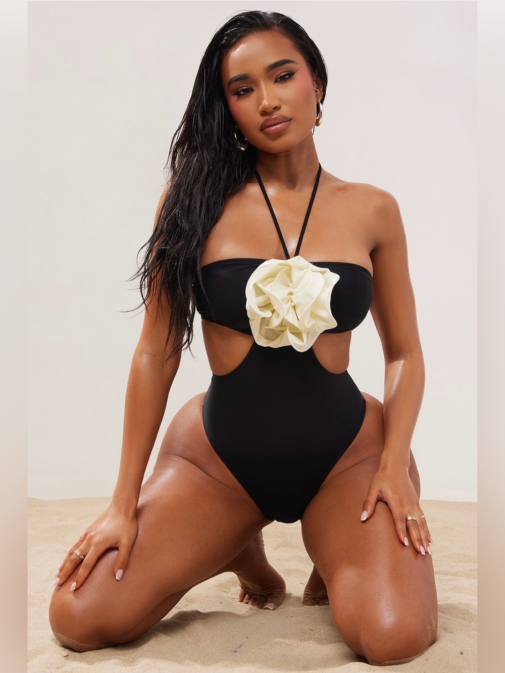NWT Cutout One Piece Swimsuit Rose Detail Black & White Medium
